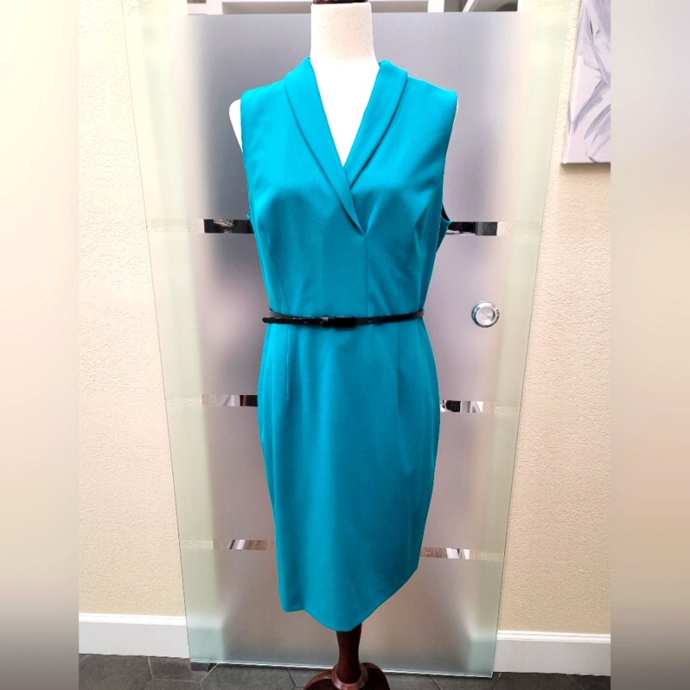 Calvin Klein Belted Teal Sleeveless Collared V-neck Sheath Dress size 12
